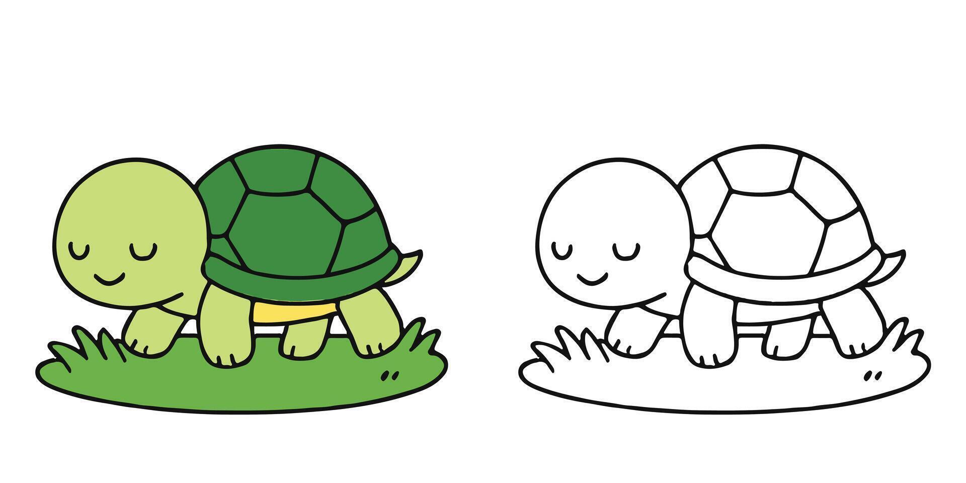 Coloring Book For Kids Tiny turtle crawling over soft grass Outline Illustration vector