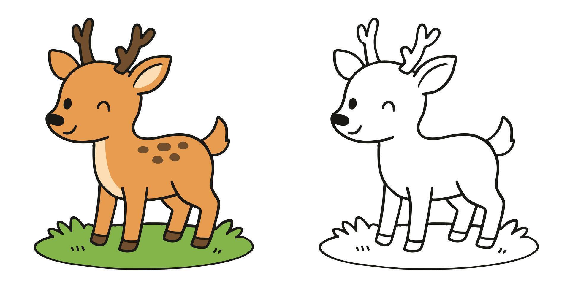 Coloring Book For Kids Adorable deer standing in a green meadow Outline Illustration vector