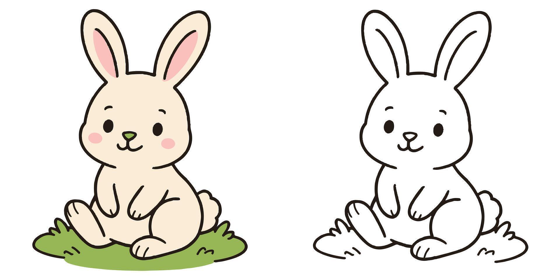 Coloring Book For Kids Cartoon Of Cute bunny sitting on soft grass Outline Illustration vector