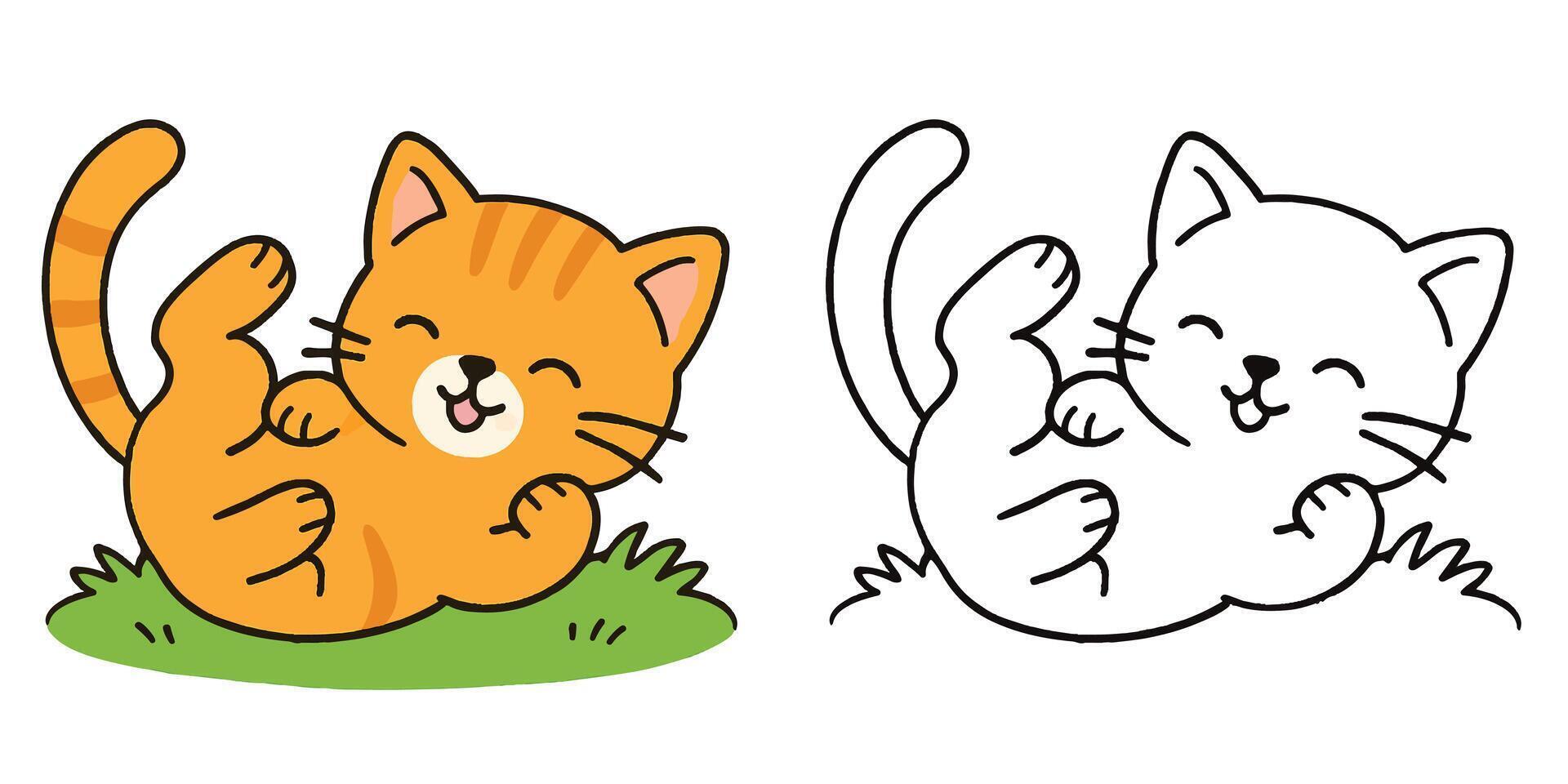Coloring Book For Kids Cartoon Of Playful kitten rolling on green grass Outline Illustration vector