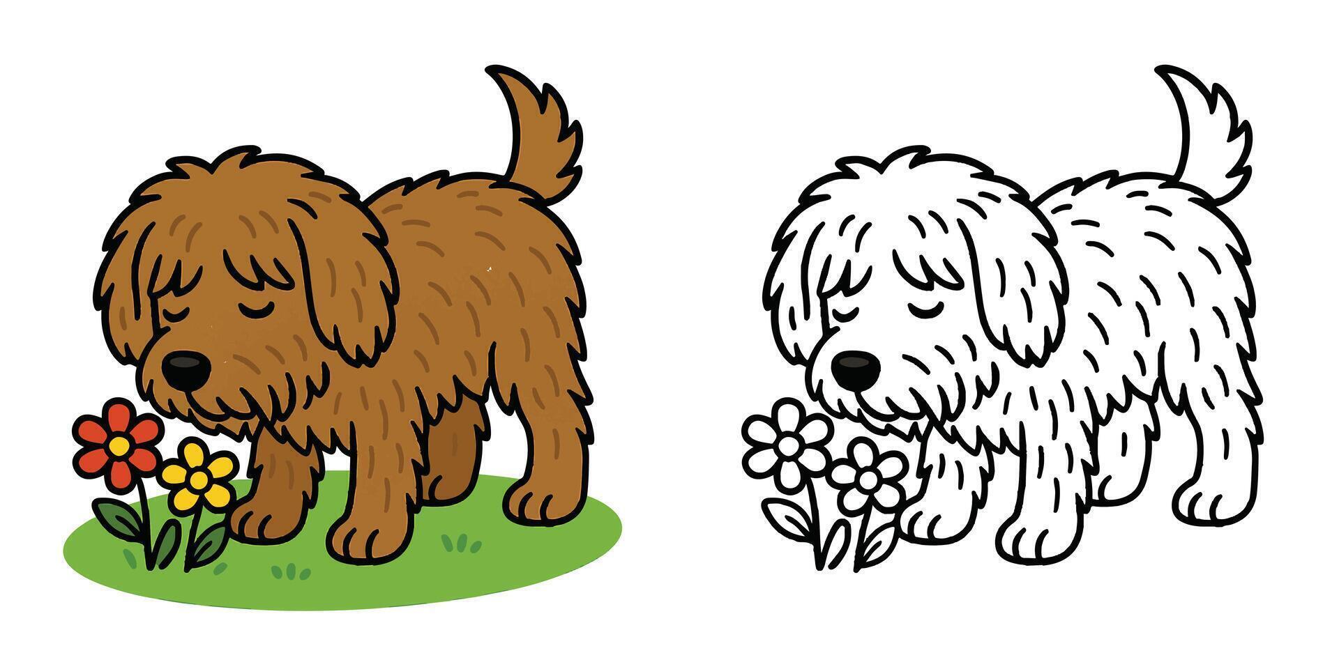 Coloring Book For Kids Cartoon Shaggy dog sniffing flowers Outline Design vector
