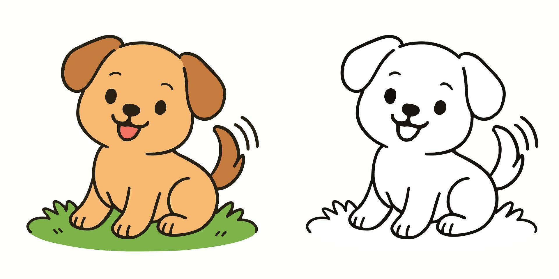 Coloring Book For Kids Cartoon Of Happy puppy wagging its tail on grass Outline Illustration vector