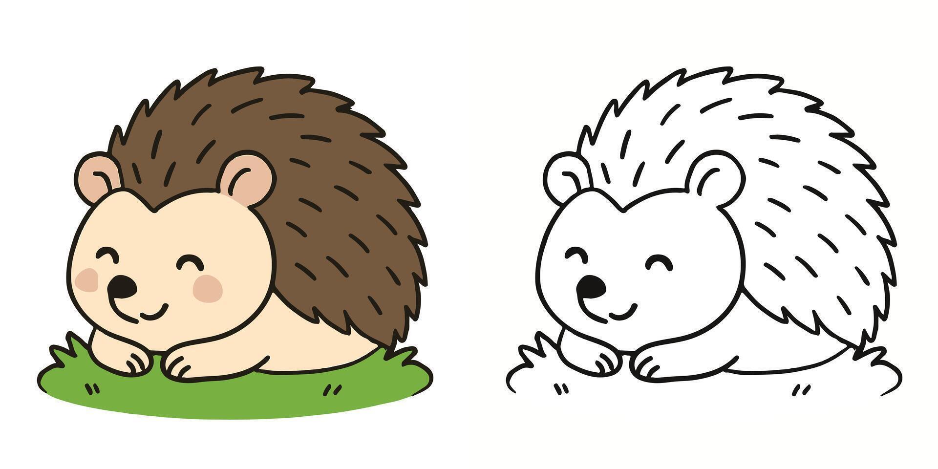 Coloring Book For Kids Cartoon Of Hedgehog curled up on a small patch of grass Outline vector