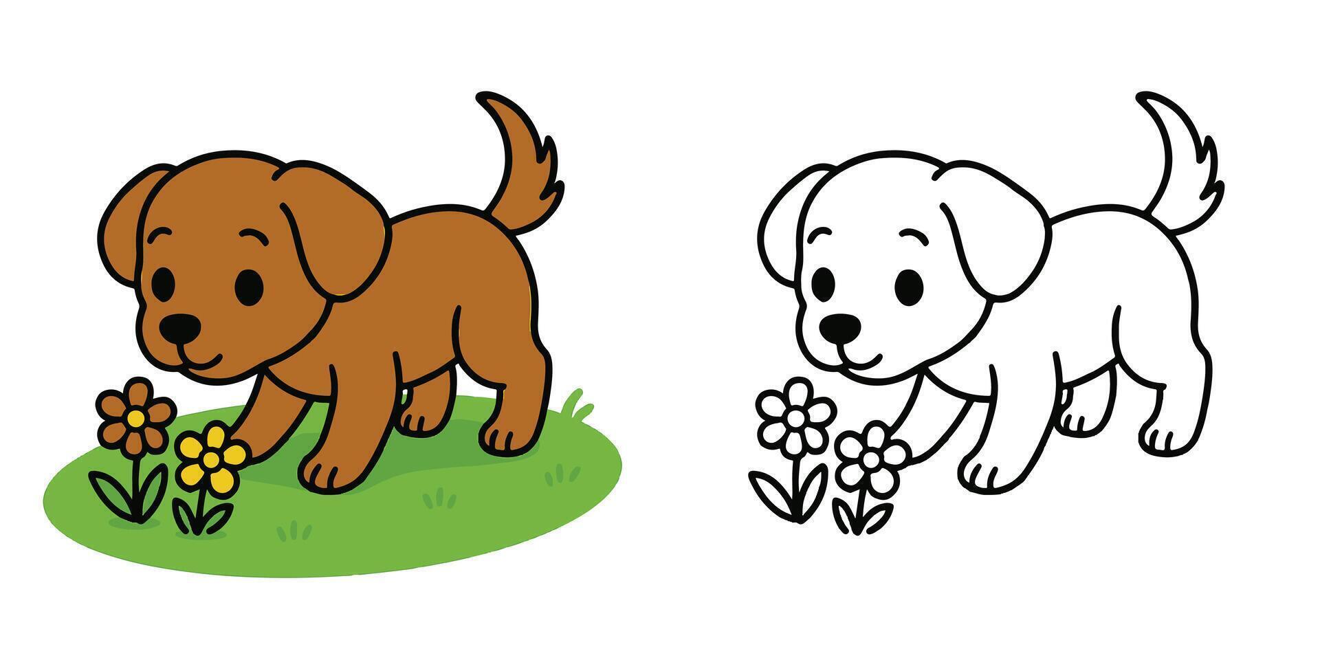 Coloring Book For Kids Cartoon Tiny pup exploring field Outline Design vector