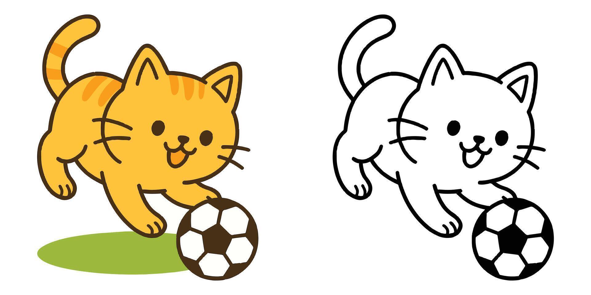 Coloring Book For Kids Cute Cartoon Playful cat chasing ball Outline Illustration vector