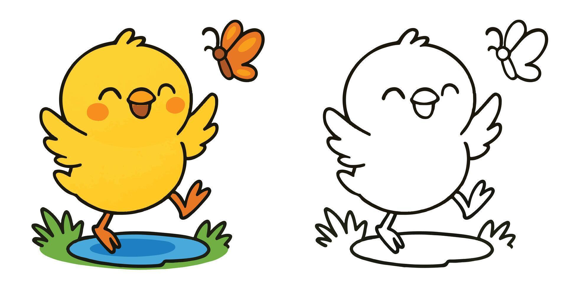 Coloring Page For Kids Cartoon A happy little chick chasing a butterfly Outline Illustration vector