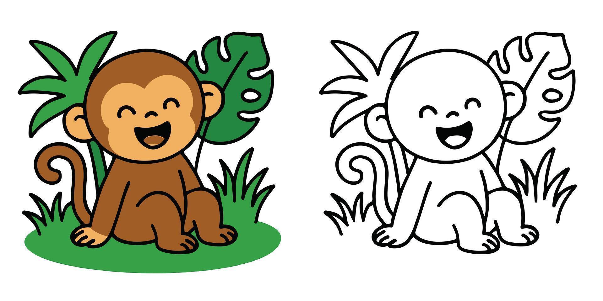 Coloring Book For Kids Joyful monkey sitting in a grassy jungle Outline Illustration vector