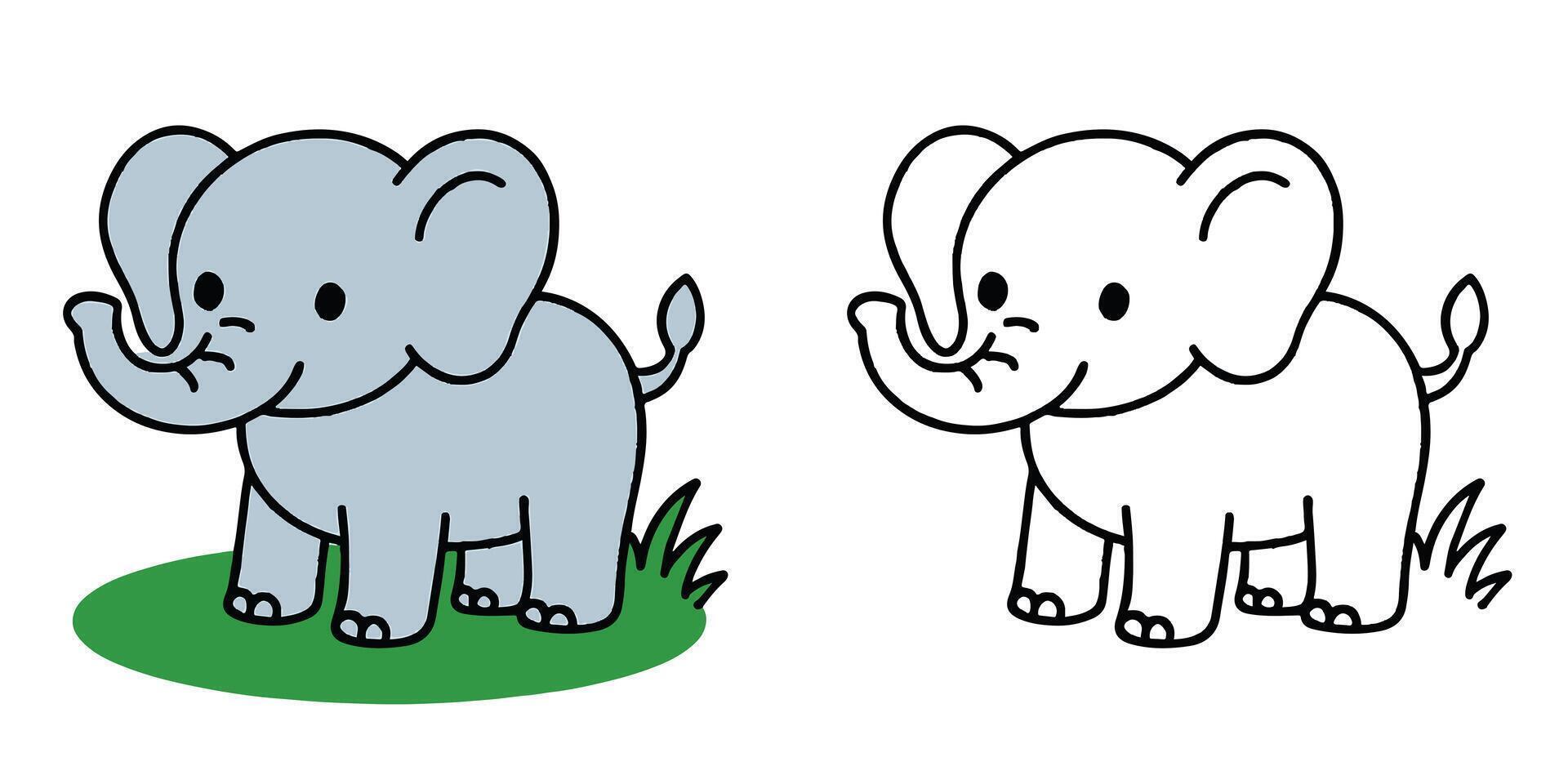 Coloring Book For Kids Baby elephant standing on green grass Outline Illustration vector