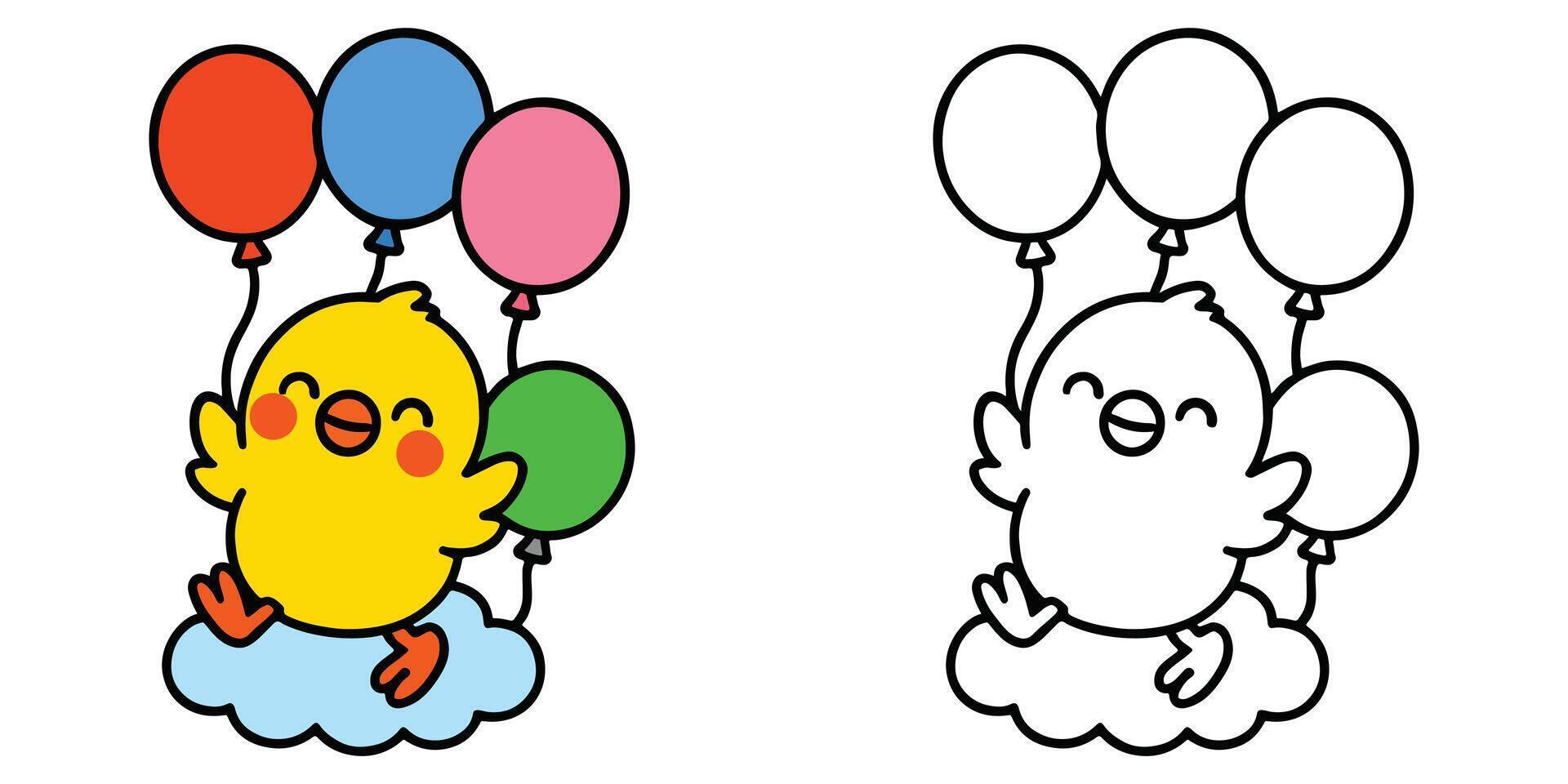 Coloring Page For Kids Cartoon A happy little chick surrounded by colorful balloons Outline Illustration vector