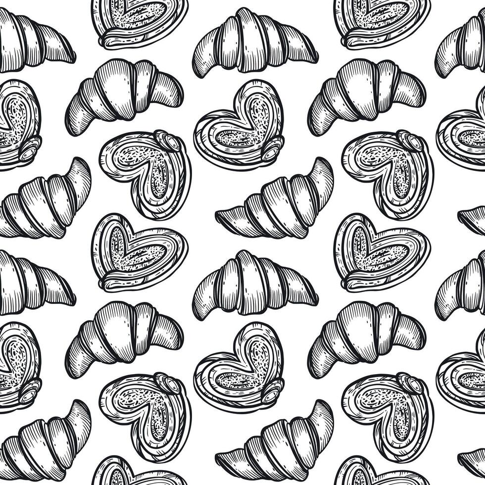 Seamless pattern. Pastries, buns, buns, croissants, cheesecakes, all objects are hand-drawn with ink. Suitable for printing on paper, product packaging, bakery design, confectionery vector