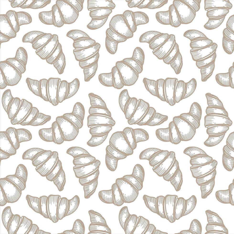 Croissants, French pastries in a seamless pattern. Beige croissants hand-drawn with ink. Suitable for printing on food packaging, decorating confectioneries, bakeries, printing on fabric vector
