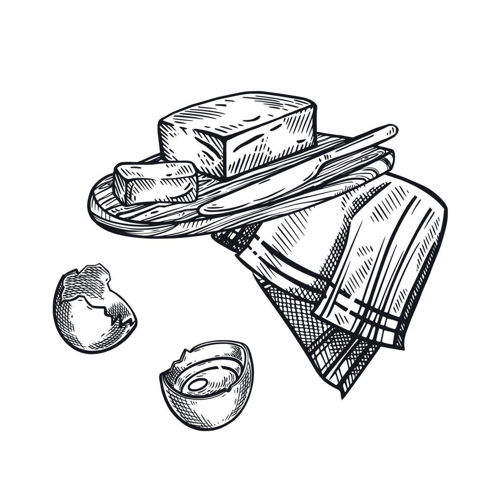 Food, butter, chicken egg on a towel. The process of cooking, all objects are hand-drawn with ink, . Suitable for printing on food, store design, and farm products vector