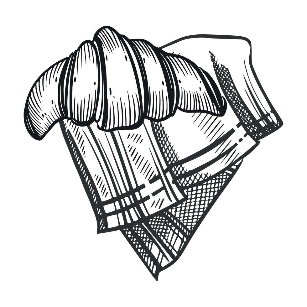 Fresh croissant on a cloth napkin, homemade cakes. All objects are hand-drawn in . The illustration is suitable for printing on the menus of pastry shops and bakeries, on food packaging vector