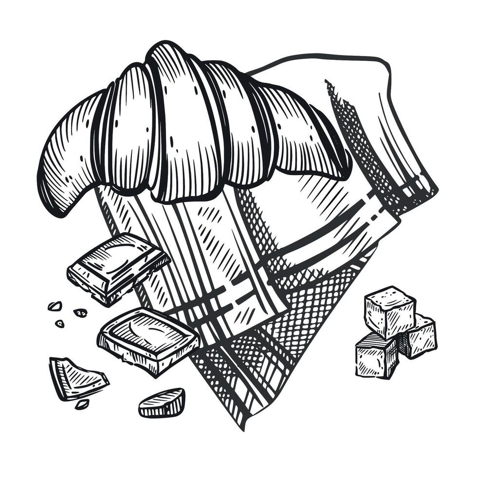 French Breakfast, croissant, chocolate slices on a cloth napkin, lump sugar. All objects are hand-drawn in . The illustration is suitable for printing in bakeries, menus, printing stores vector