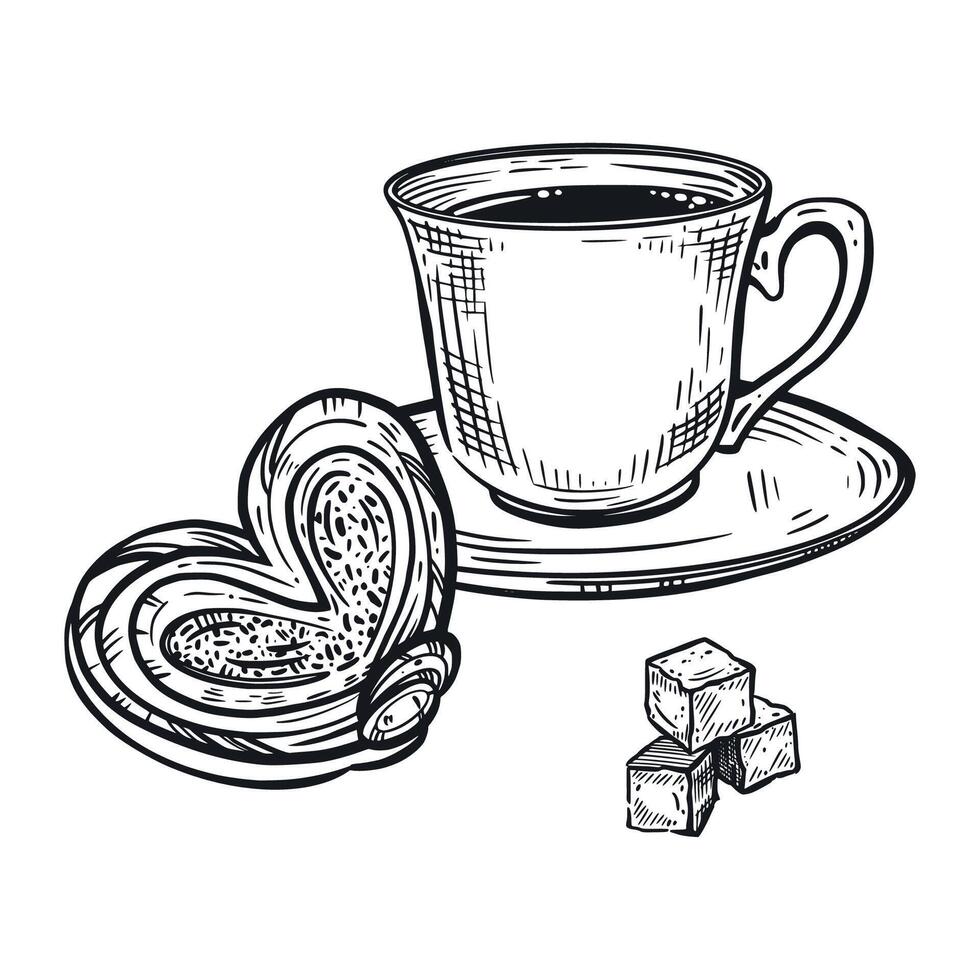 A cup of coffee with a sweet bun and lump sugar. Breakfast with coffee. All objects are hand-drawn in . The illustration is suitable for printing in cafes and pastry shops, on food packaging vector