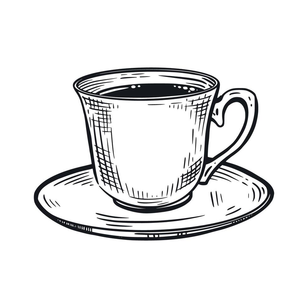 A cup of coffee with a saucer, a tea cup. All objects are hand-drawn with ink. illustration is suitable for printing on fabric, paper, for caffeine and confectionery designs, kitchen design vector