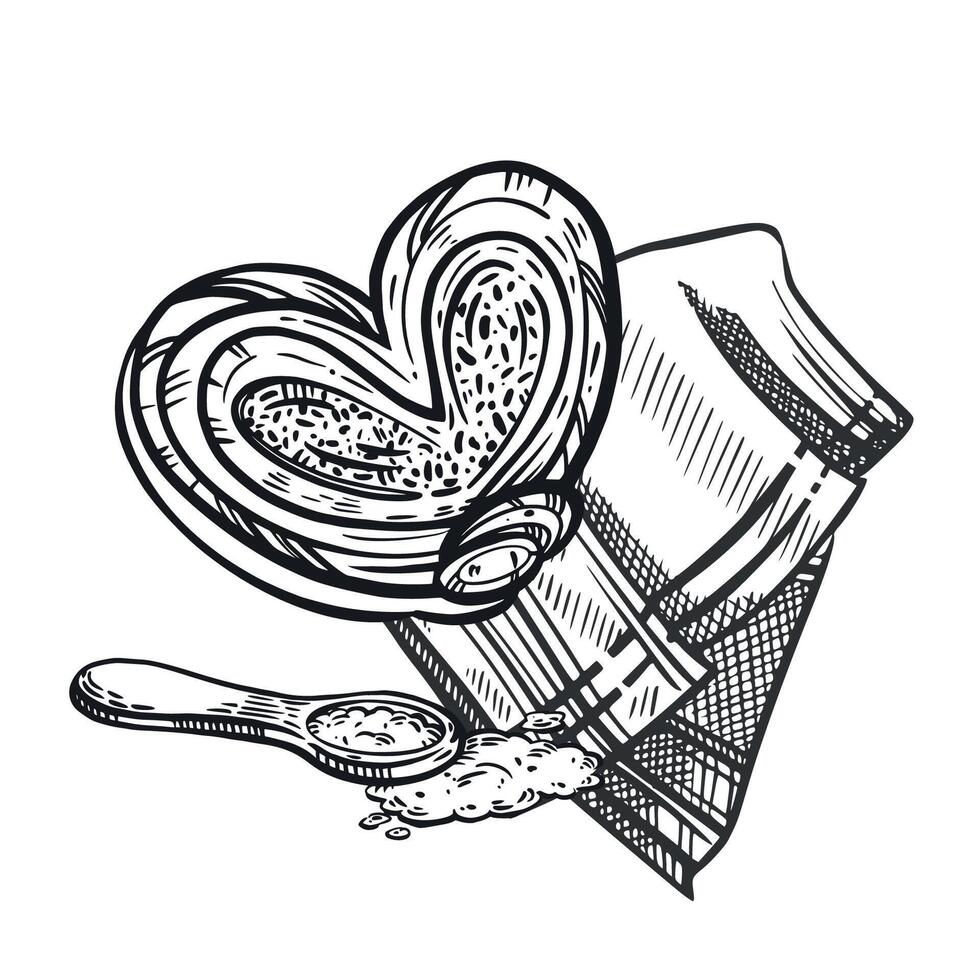 Sweet bun, cheesecake on a tablecloth and with a teaspoon. The process of baking. All objects are hand-drawn in . For printing on menus, in the interior of confectioneries, bakeries vector