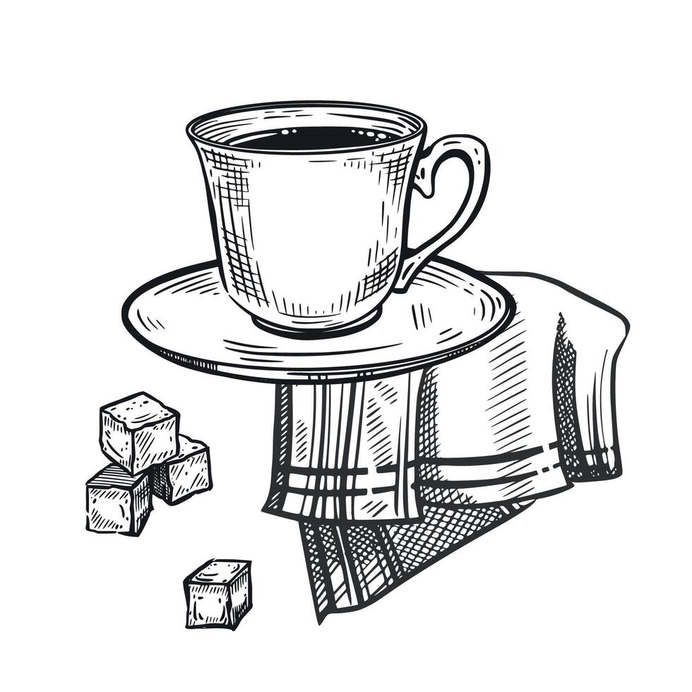 A cup with coffee or tea and a saucer, napkins and lump sugar. Composition. All objects are hand-drawn with ink. For printing on fabric, paper, for decorating coffee shops, confectionery shops, shops vector