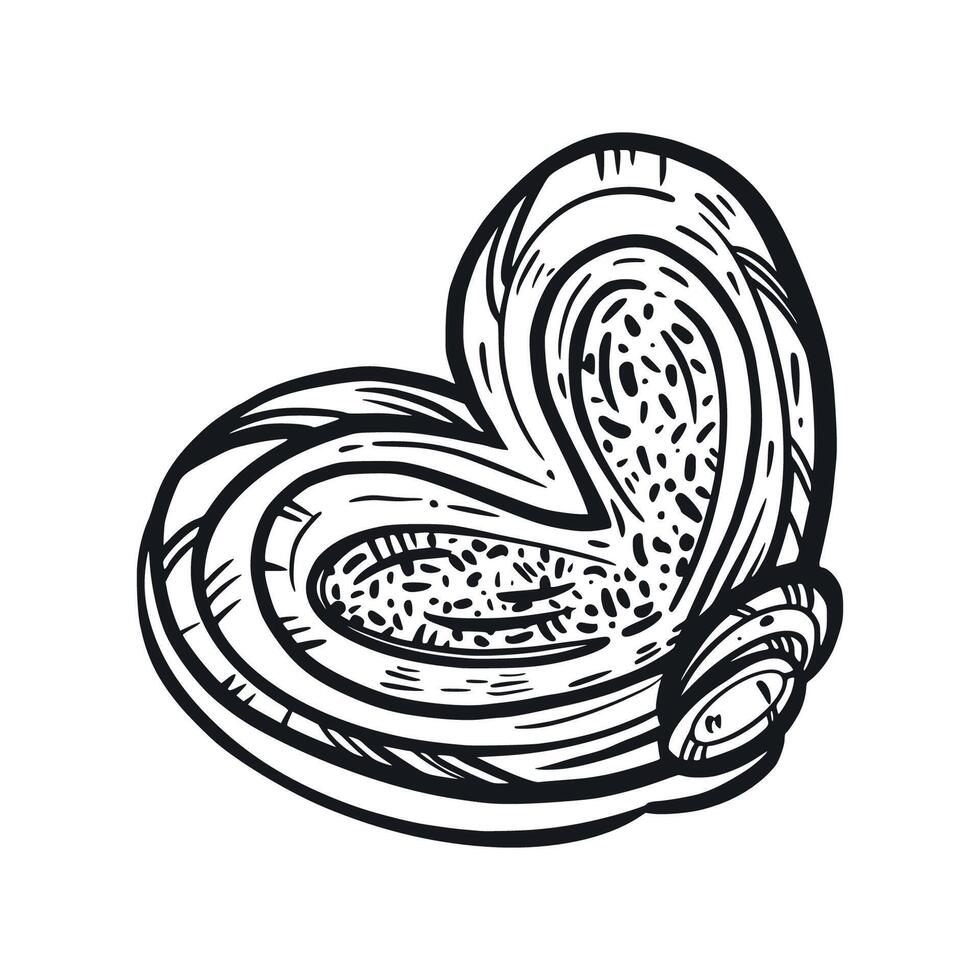 Sweet bun, heart-shaped pastry hand-drawn with ink. illustration is suitable for printing on fabric, paper, for the design of confectioneries and bakeries, and the design of product packaging vector