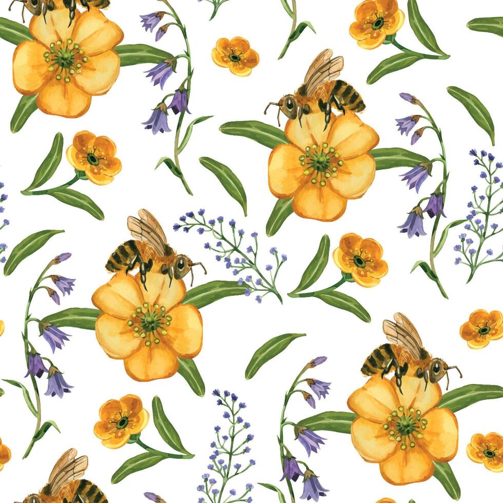 Floral pattern with bees and yellow flowers vector