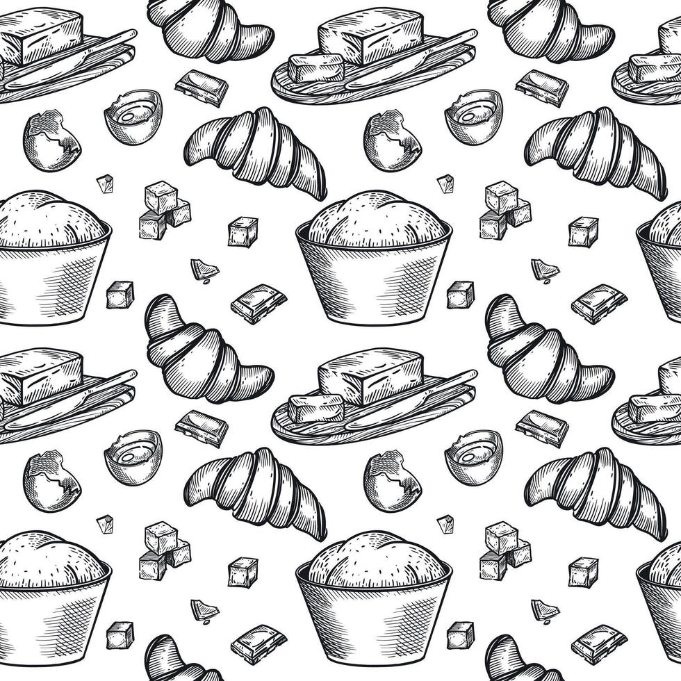 Seamless pattern on the theme of baking. A bowl of dough, croissants, chocolate slices, a chicken egg, butter in a butter dish. All objects are hand-drawn with ink. For printing on packaging, paper vector