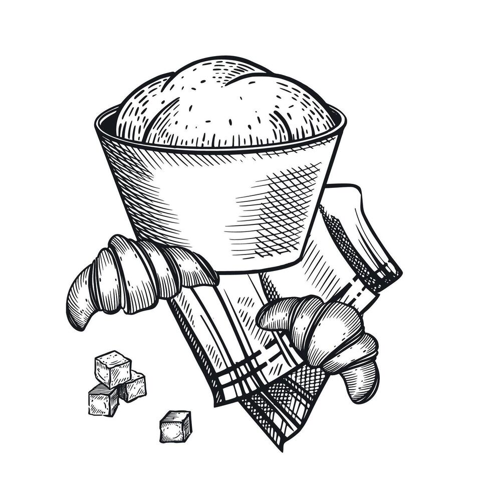 Baking, the process of making sweet pastries. Dough in a bowl, lump sugar, kitchen towel, ready-made croissants. The illustration is suitable for the design of bakeries, pastry shops, shops vector