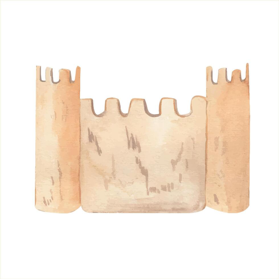 Sand castle or fortress. Watercolor hand drawn illustration beach game isolated from the background. For design postcards, greetings, birthday, calendar, wallpapers, wrapping paper, scrapbooking vector
