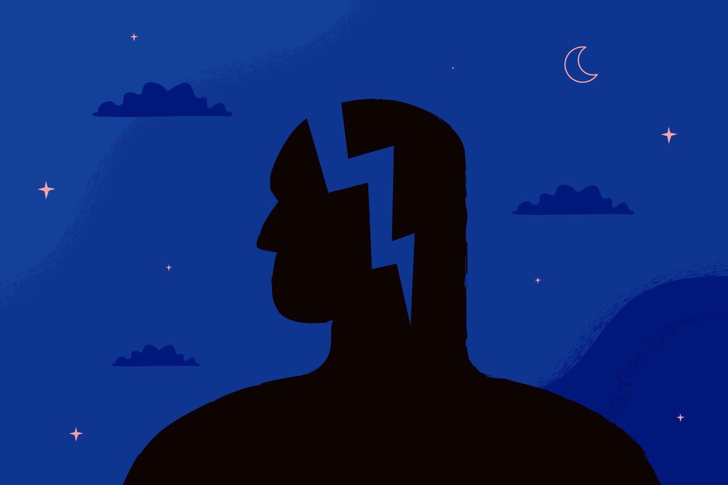 A split in the human silhouette, a metaphor for mental disorder, trauma, ptsd, distress. vector