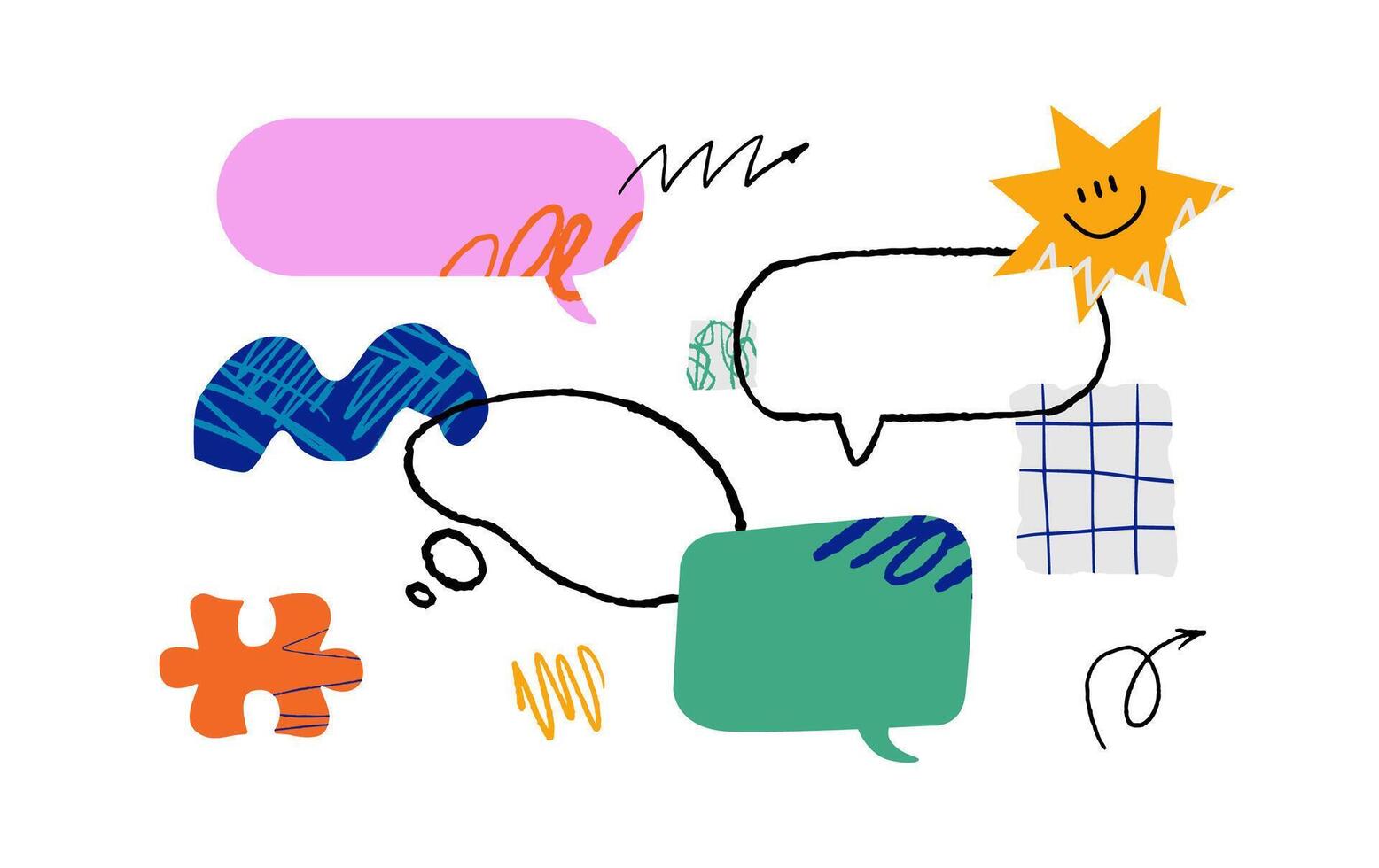 A vibrant collage with a variety of hand-drawn stylized graphic elements. Textured speech bubbles, doodle balloons, various abstract shapes. A metaphor for creativity, communication, and conversation. vector