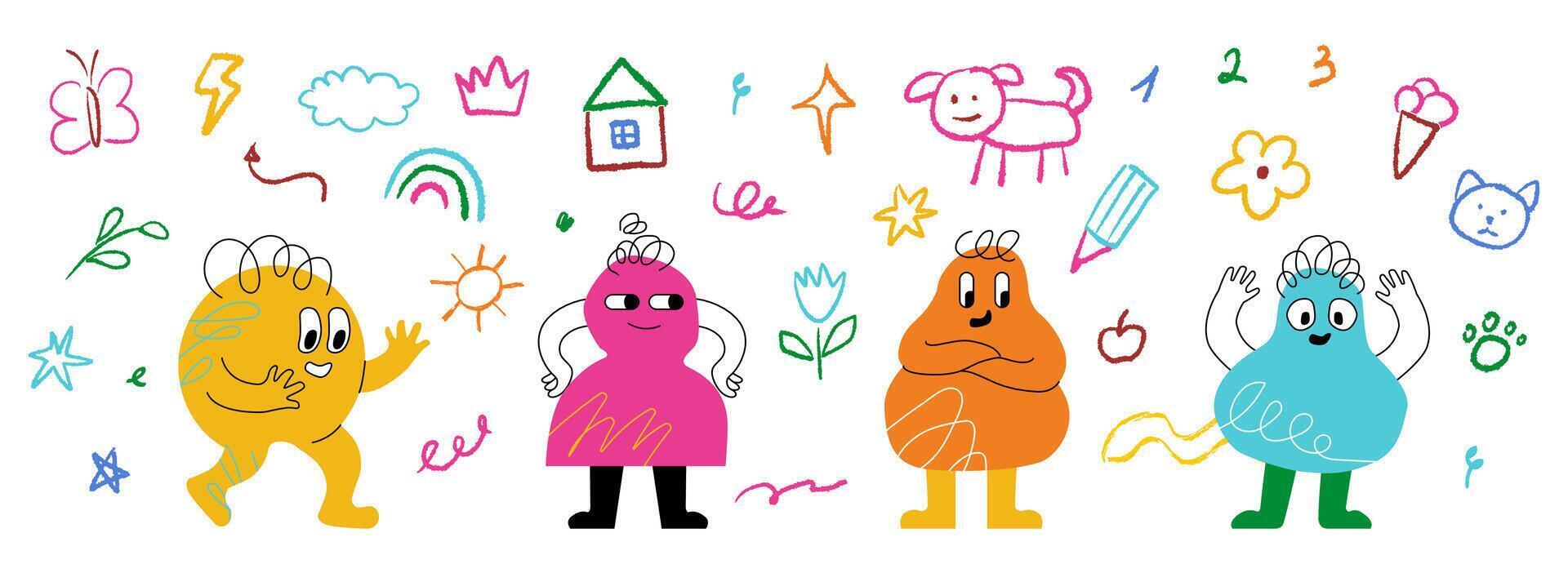 Happy bright childish characters surrounded by kindergarten pencil drawings. Smiling monsters in different poses and scribbling around. vector