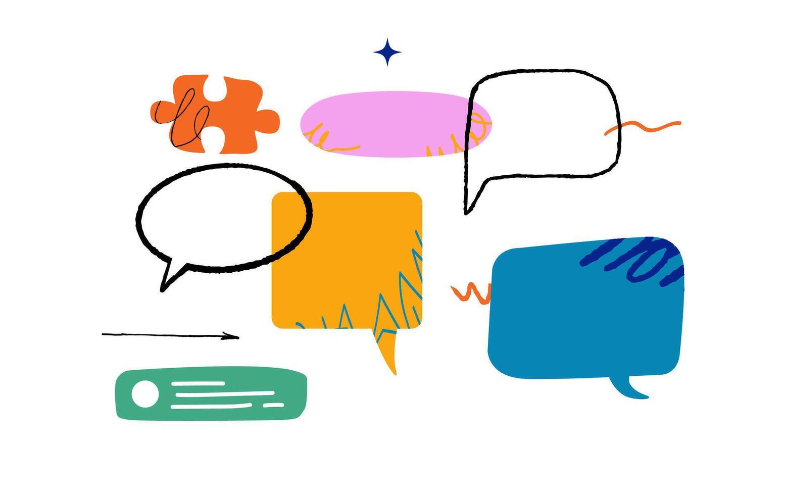 Various colorful speech bubbles in different shapes, an abstract puzzle piece, doodles, and a green text box with lines. A dynamic and communicative composition. vector