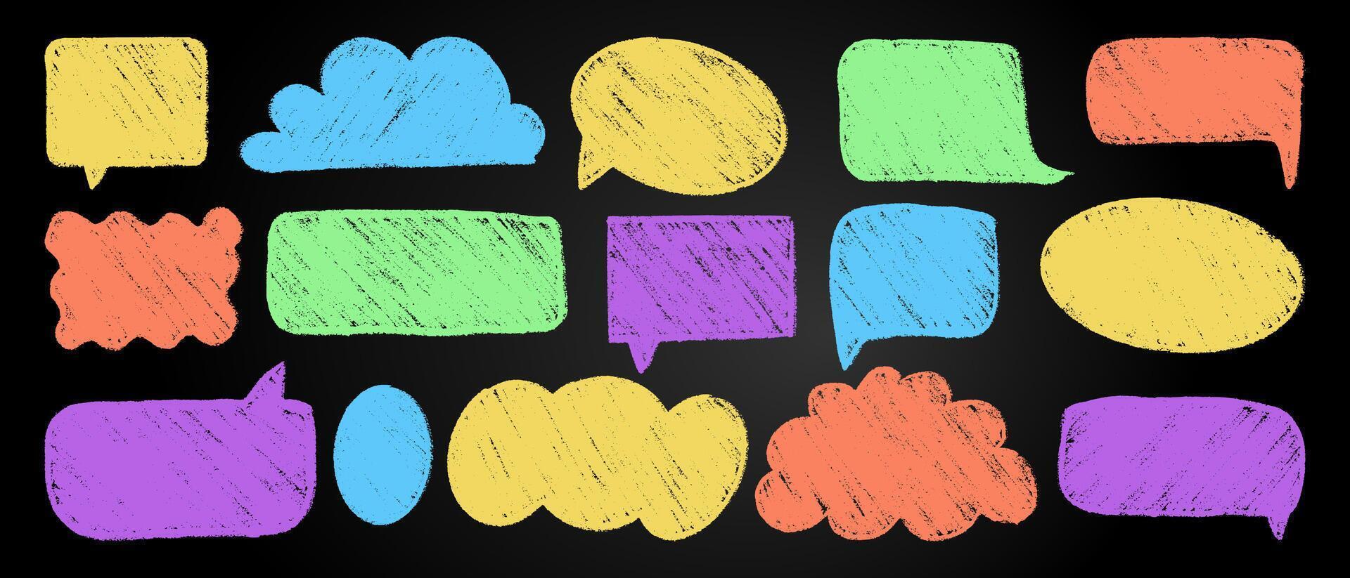 A collection of vivid hand-drawn chalk text boxes, speech bubbles, and balloons on a blackboard. Various children's-style design elements for notice and memo. vector