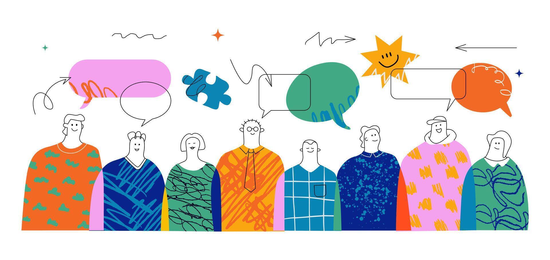 A multicolored abstract crowd of people with different speech bubbles and doodles above them. The concept of bond in society, individuality and diverse in the crowd in the style of a collage. vector