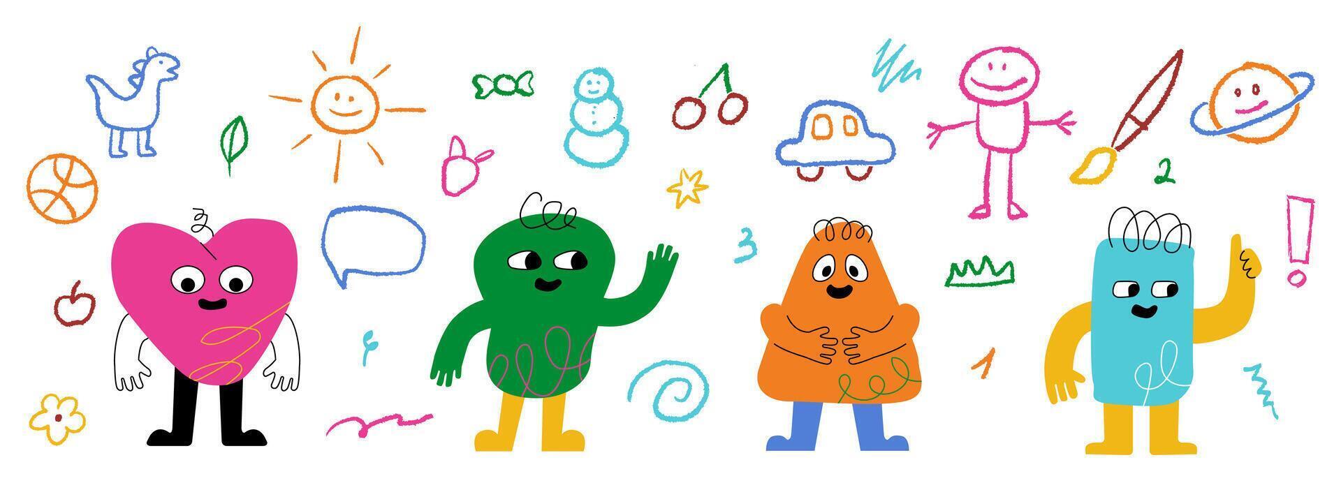 Various individual monsters on the background of children's doodles. Vivid elements of kindergarten design. vector