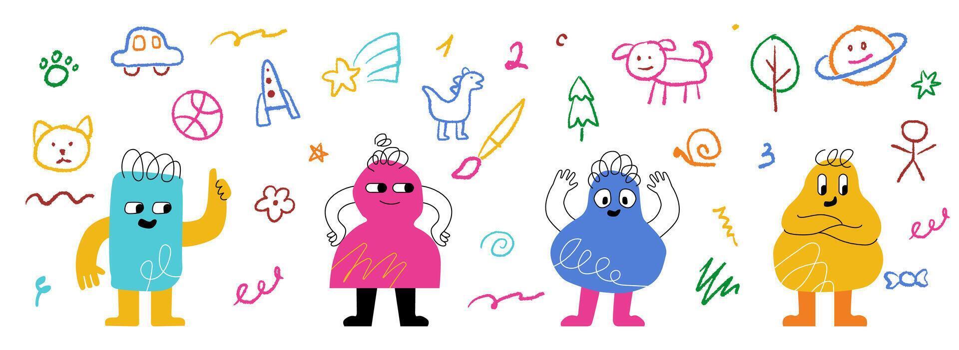 Funny multicolored childish characters surrounded by kindergarten pencil drawings. Chalk hand drawn monsters in different poses and doodles around. vector