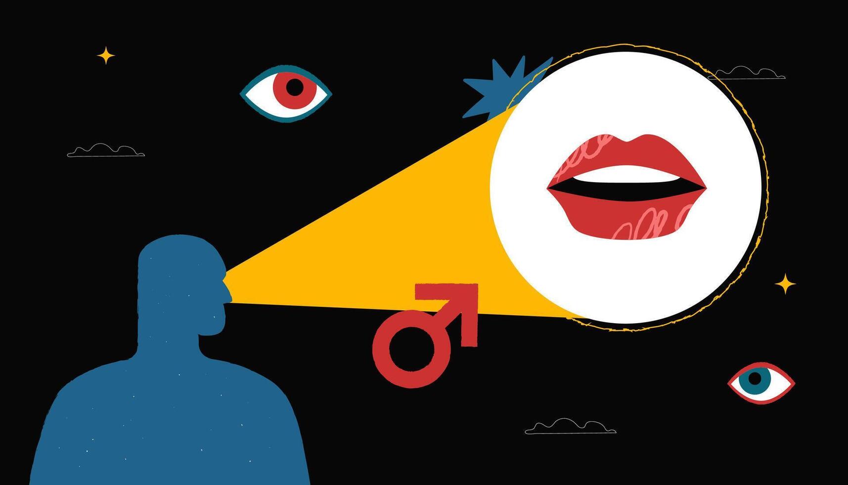A male silhouette aimed at a woman's lips in close-up. The concept of a male gaze. A symbol of the representation of women in cinema and media. vector