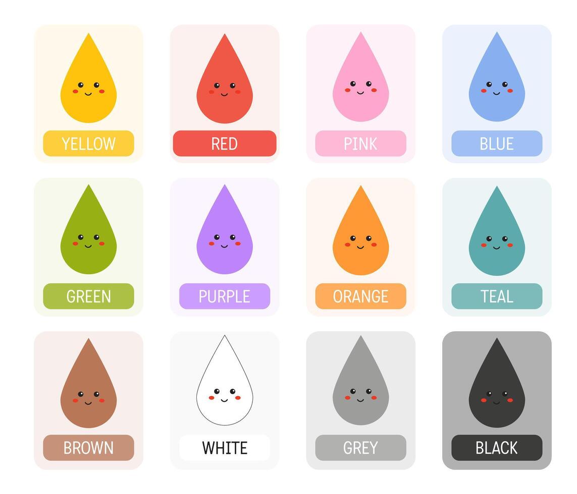 Learning colors flashcards, educational color cards for kids English. Educational material for preschools, kindergarten, toddler flashcards. Poster with colors. Learning homeschooling resources. vector