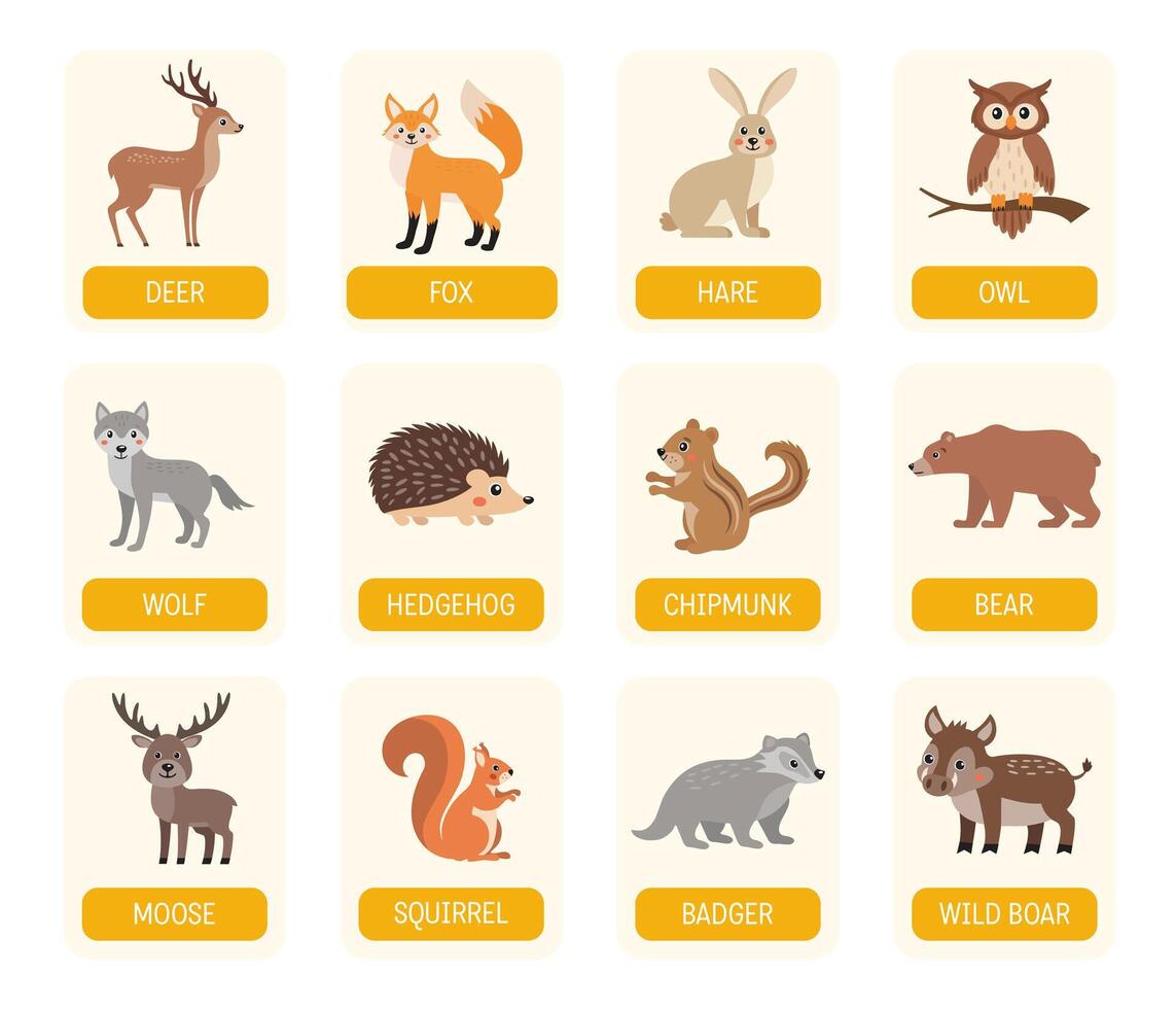 Learning forest animals, domestic animals flashcards for kids English. Educational poster, learning activity for preschool, kindergarten, homeschooling. Educational game. Cute cartoon farm animals. vector