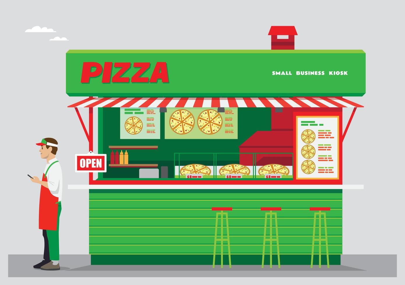 Pizza kiosk with open sign vector