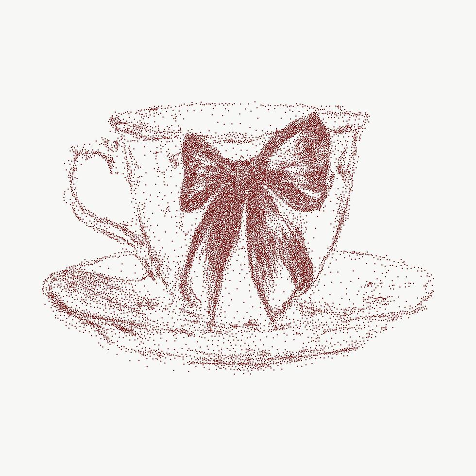 Hand drawn retro tea cup with cute bow and floral details. Stipple red illustration with gritty halftone texture, perfect for vintage tea time art. vector