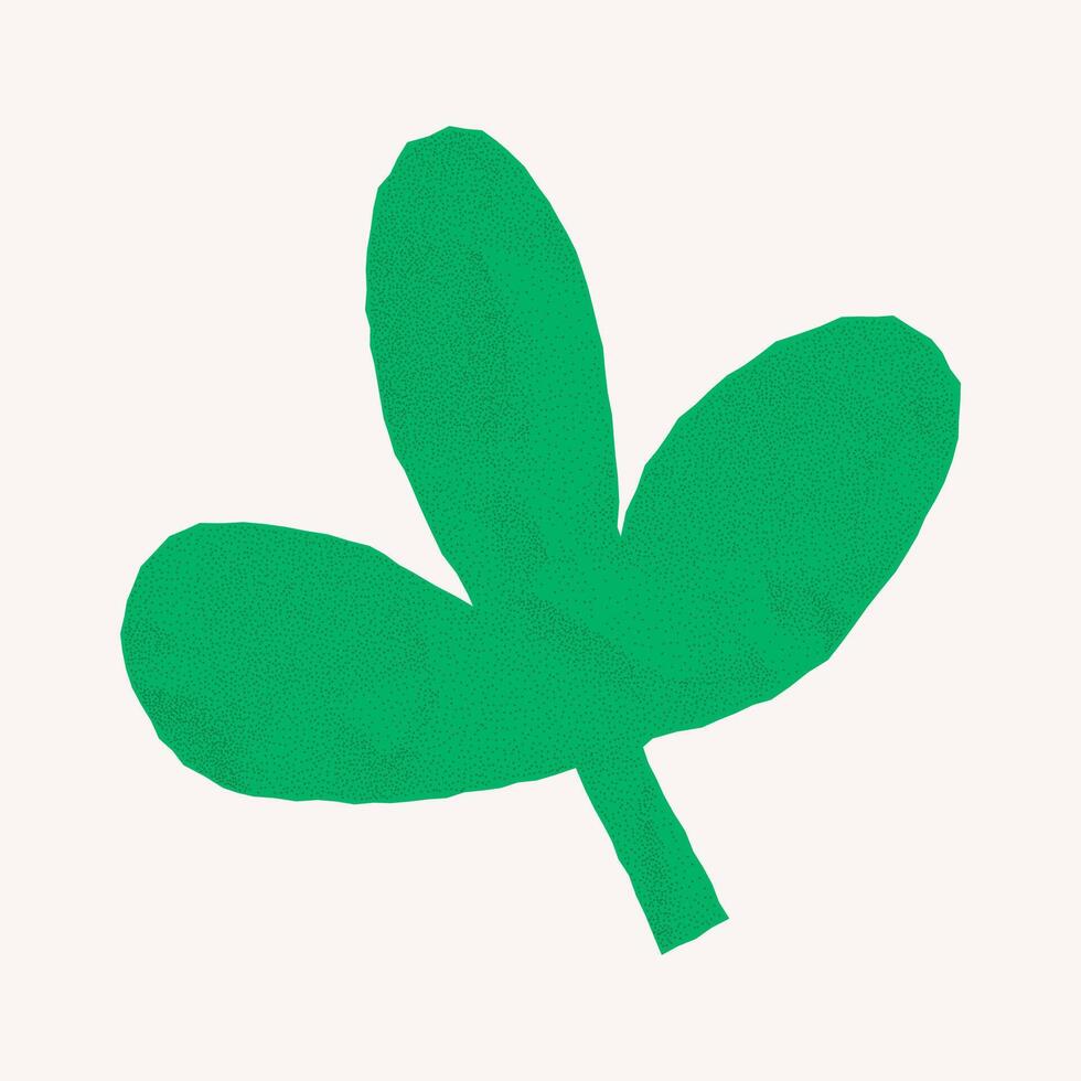 Silhouette of a single green leaf with jagged torn edges. Crumpled paper with gritty halftone style, ideal for simple collage elements. vector