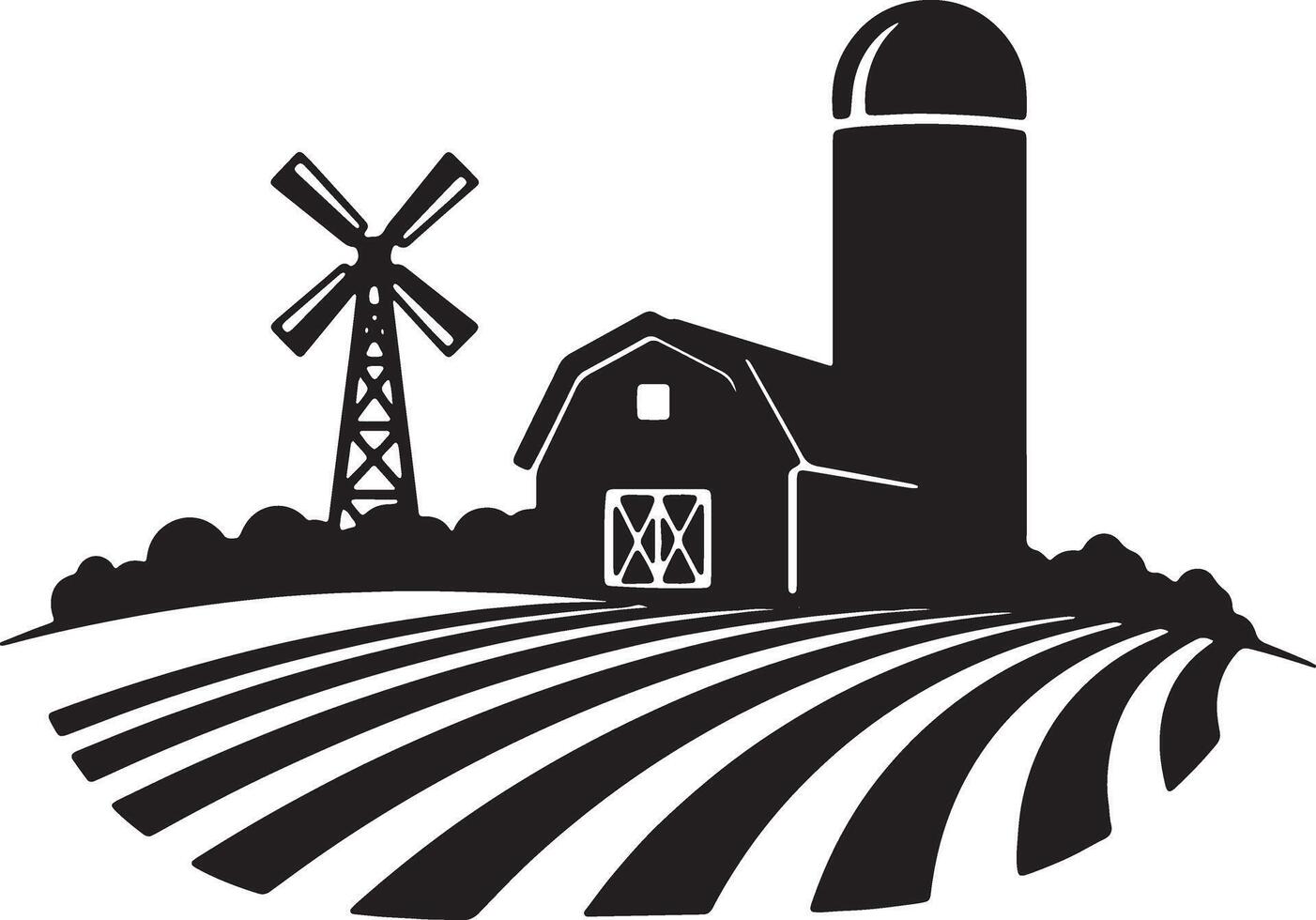 Serene Black and White Illustration of a Picturesque Farm Scene with Barn, Windmill, and Rolling Fields Under a Peaceful Sky vector