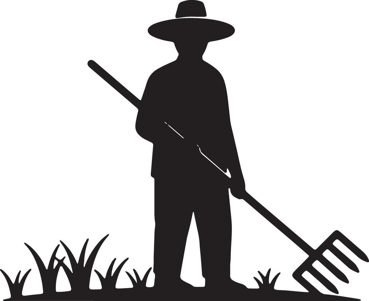 Silhouetted Farmer with Pitchfork Working in Serene Field, Peaceful Rural Scene - Professional digital artwork with vibrant colors and detailed composition vector
