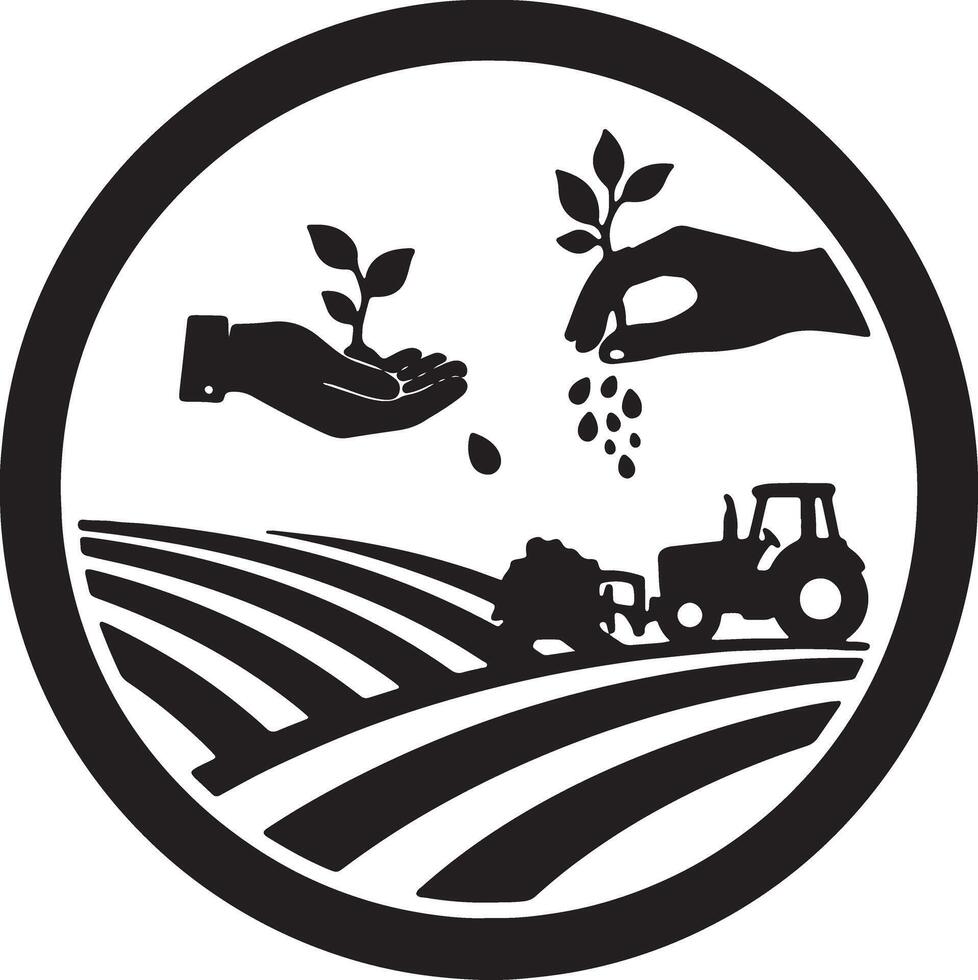 Serene Black and White Illustration of Hands Planting Seeds, Tractor Tilling Farmland, Peaceful Agricultural Scene vector