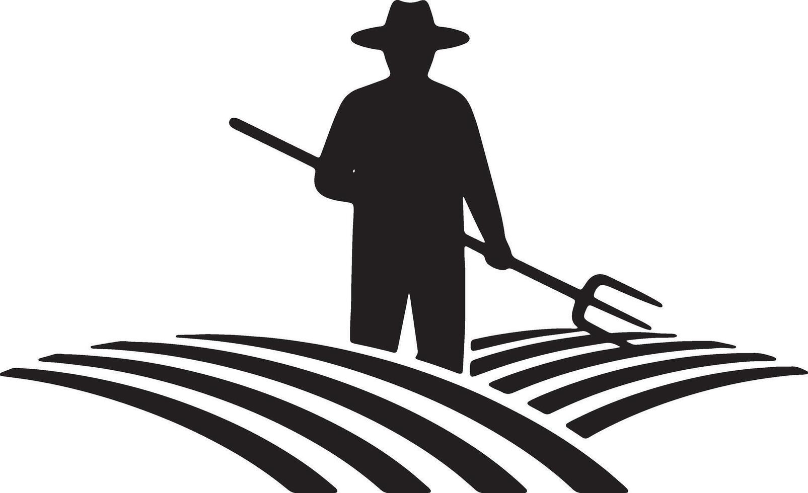 Silhouetted Farmer Working Serene Field, Pitchfork in Hand, Peaceful Rural Scene, Black and White Illustration vector