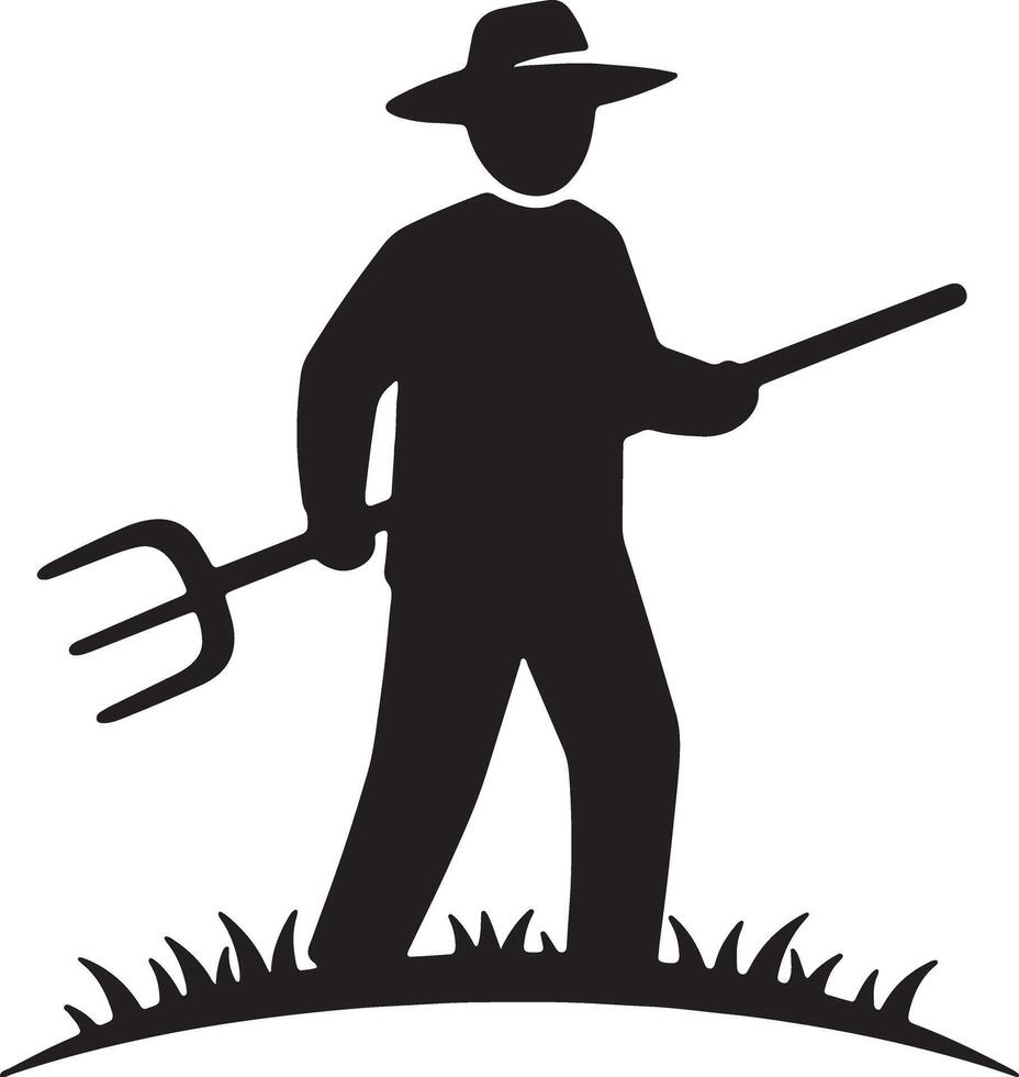 Silhouetted Farmer Working in Serene Field, Pitchfork in Hand, Idyllic Rural Scene, Peaceful Countryside - Professional digital artwork with vibrant colors and detailed composition vector