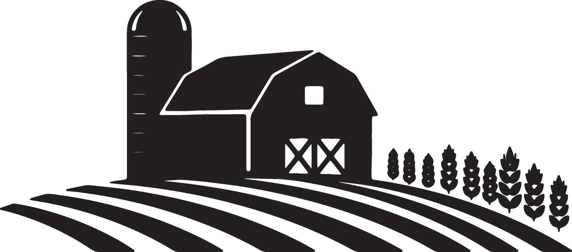 Serene Black and White Illustration of a Rustic Farmhouse, Barn, and Rolling Fields Under a Peaceful Sky vector