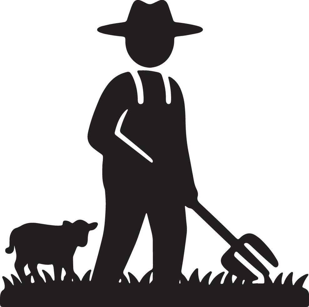 Serene Silhouette of a Farmer Tending to His Lamb in a Pastoral Field at Sunset vector