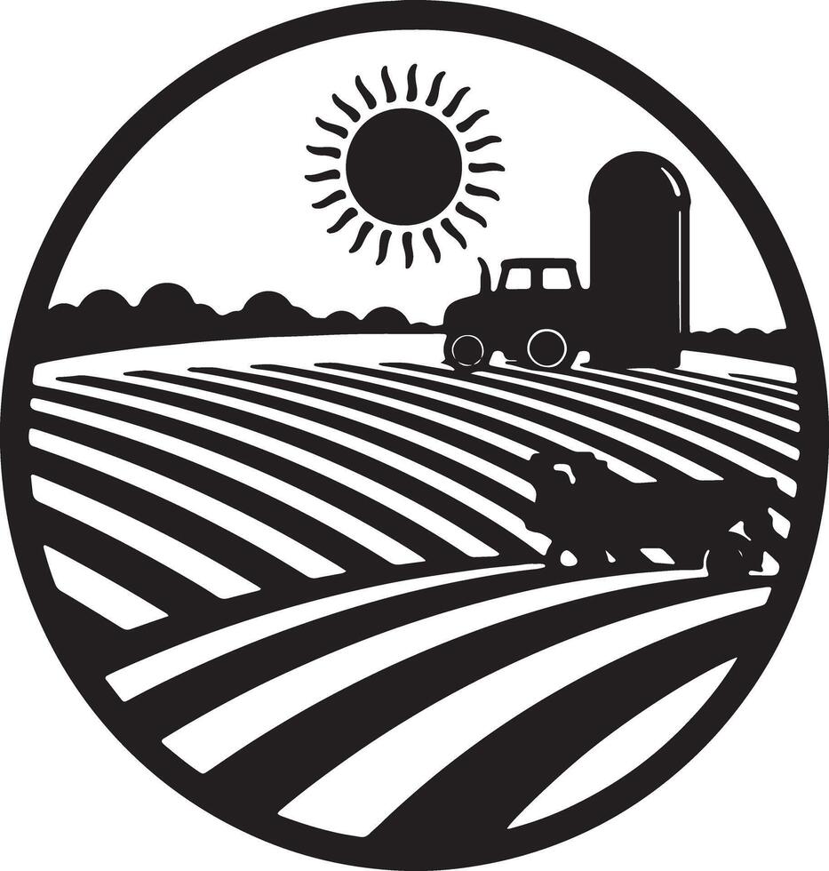 Serene Sunny Day on the Farm Tractor Working Rows of Crops in Idyllic Rural Landscape vector