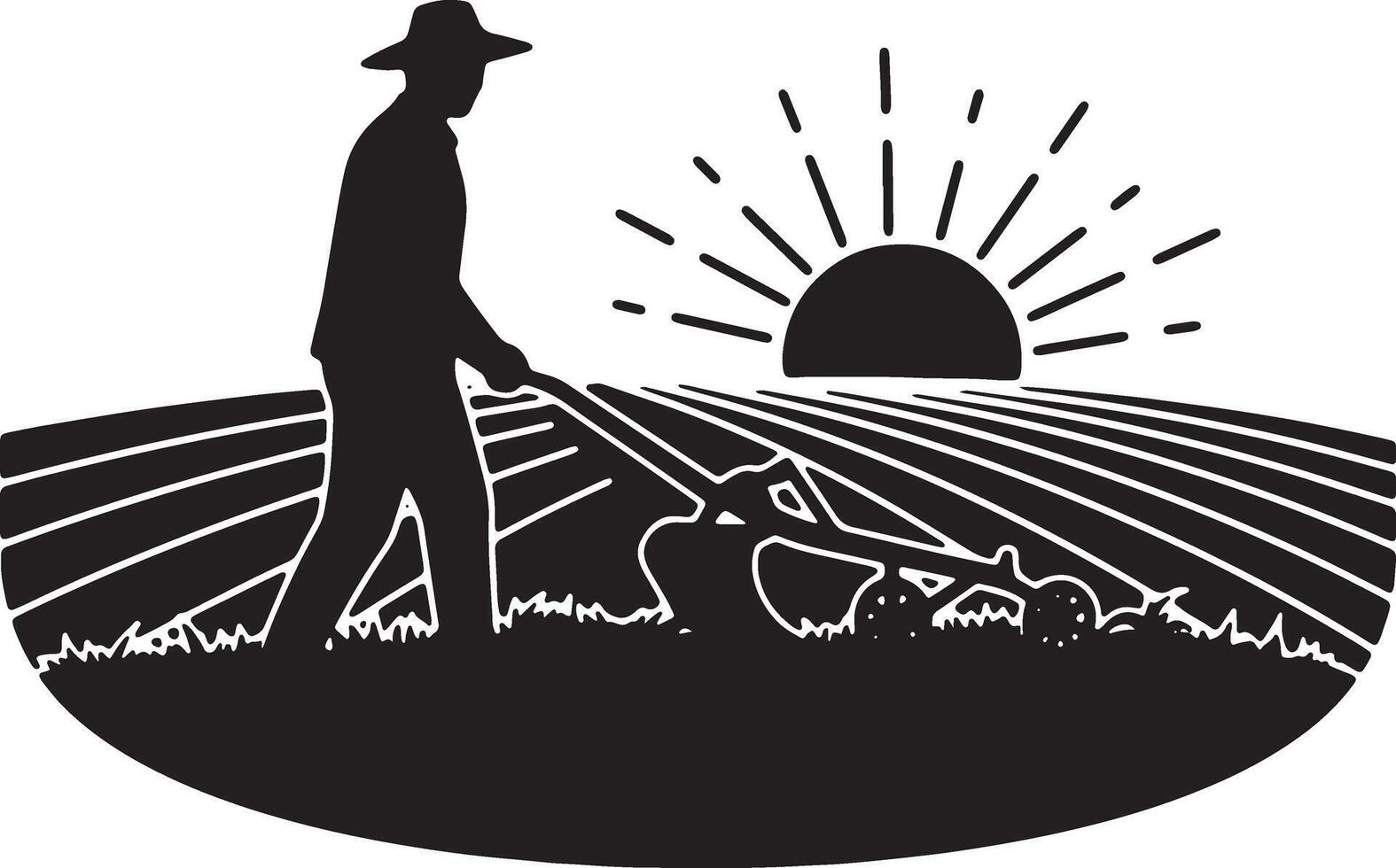 Serene Sunset Silhouette of Farmer Plowing Field, Idyllic Rural Agricultural Scene - Professional digital artwork with vibrant colors and detailed composition vector